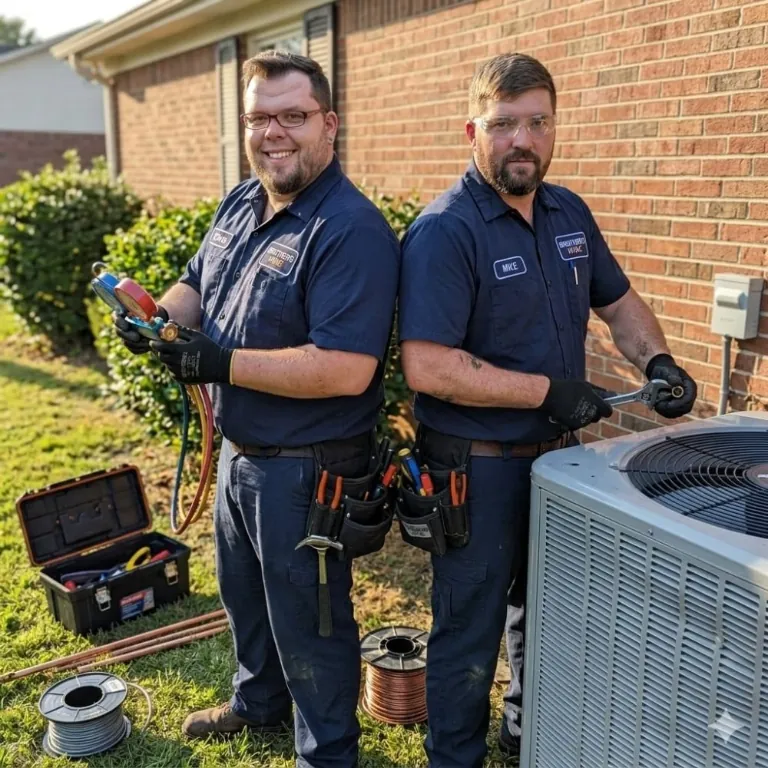 The Cool Brothers technicians standing together while servicing an outdoor air conditioning unit